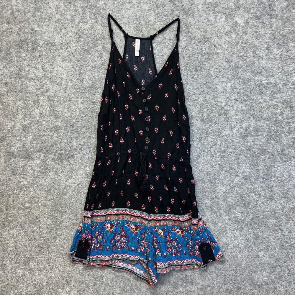 Xhilaration Romper Women Size Small Black Floral Boho Adjustable Straps Tassels